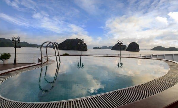 The deck pool at first light, looking out over Ha Long Bay