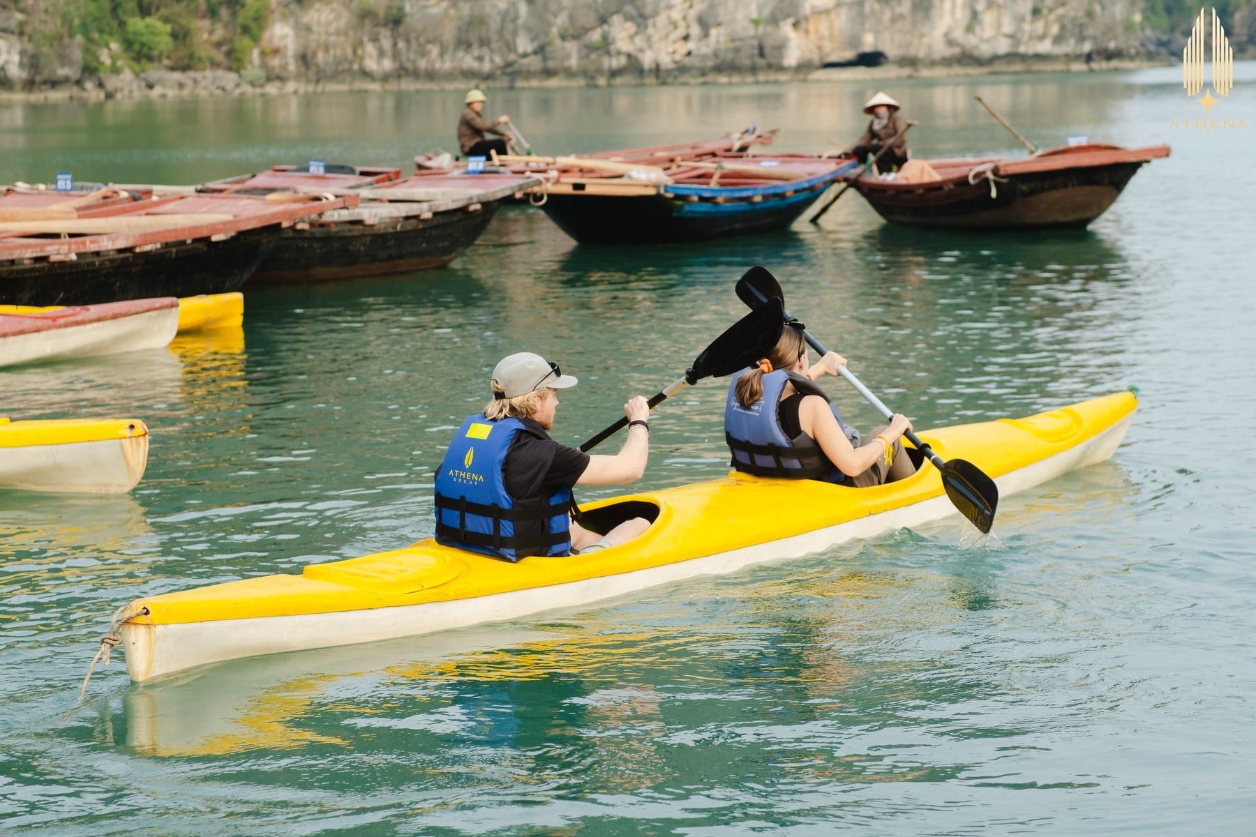 Kayaking on flat water between the limestone islands