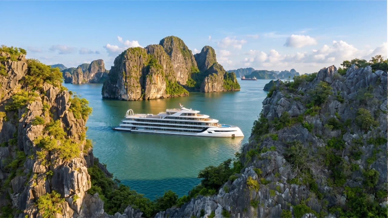 Athena Premium among the limestone karsts of Ha Long Bay