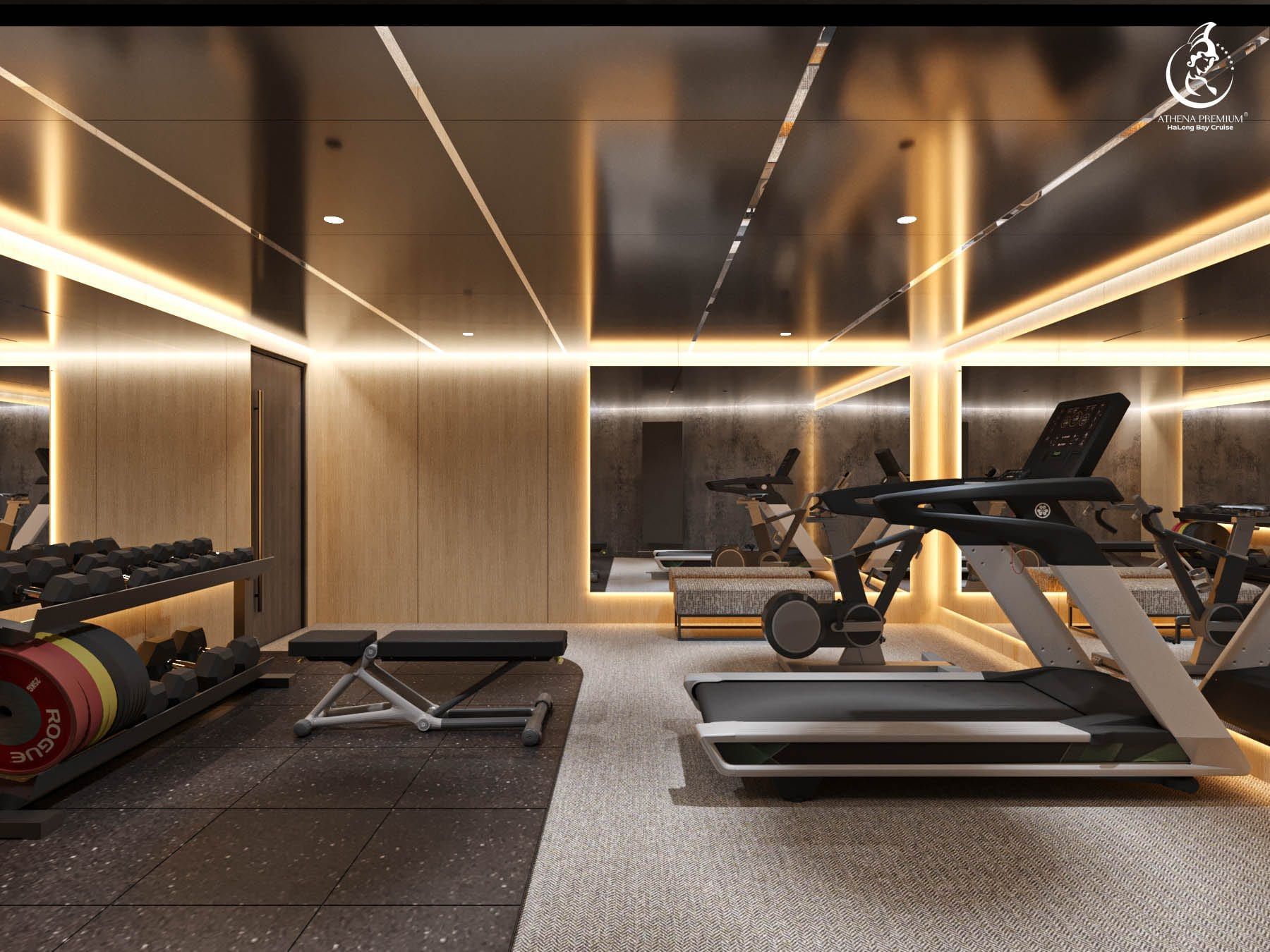 Render of the fitness centre with treadmills and free weights