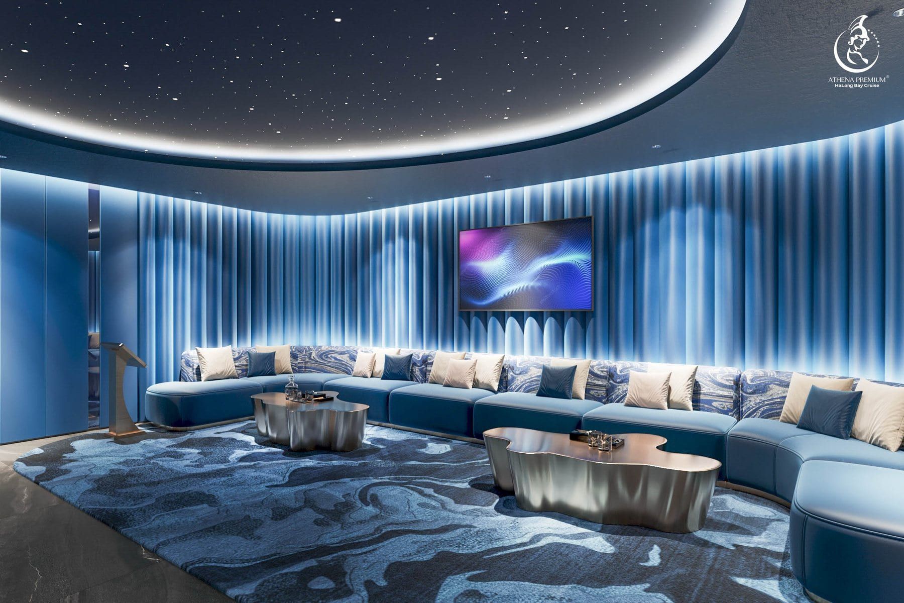 Render of the private karaoke lounge with a curved sectional sofa