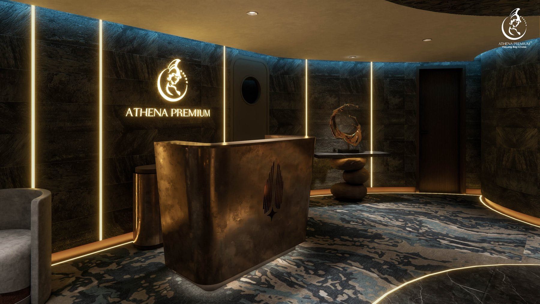 Render of the onsen reception desk beneath a backlit Athena Premium wordmark
