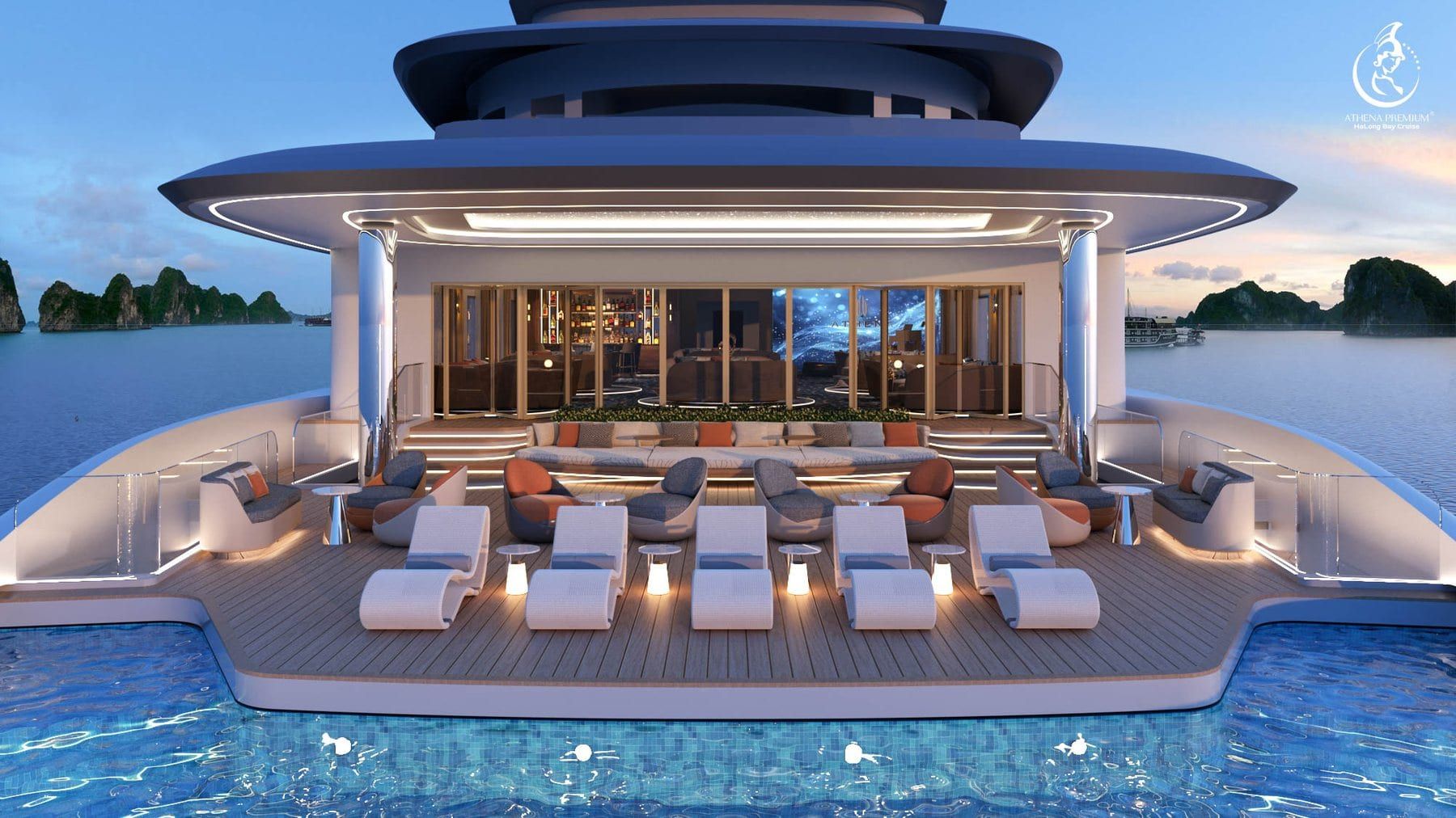 Render of the four-season infinity pool and its lounger terrace