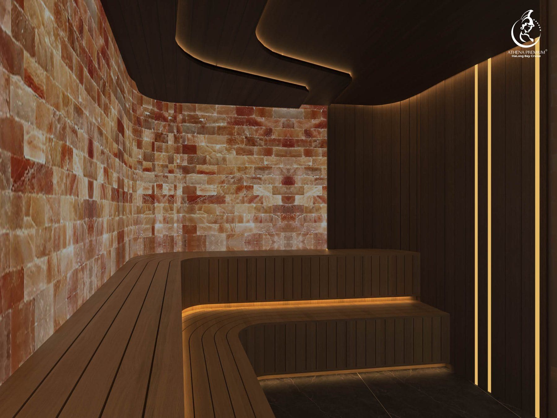 Render of the Himalayan salt sauna, salt-brick wall and timber benching