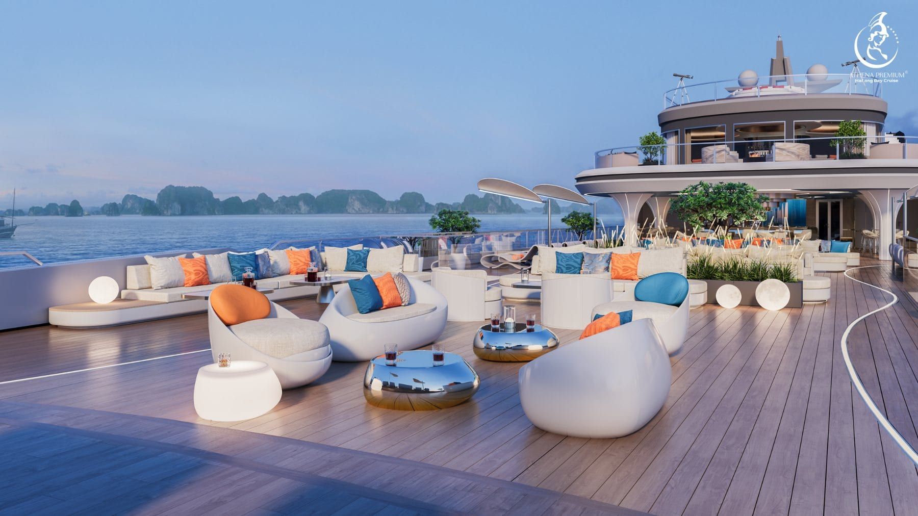 Render of the 800m² sundeck laid out with daybeds and loungers at dusk
