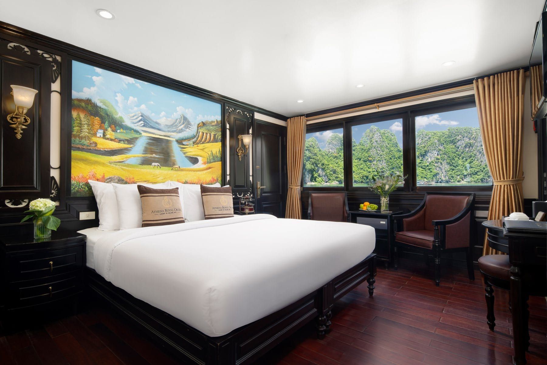 A Deluxe Suite with the bay framed in the window