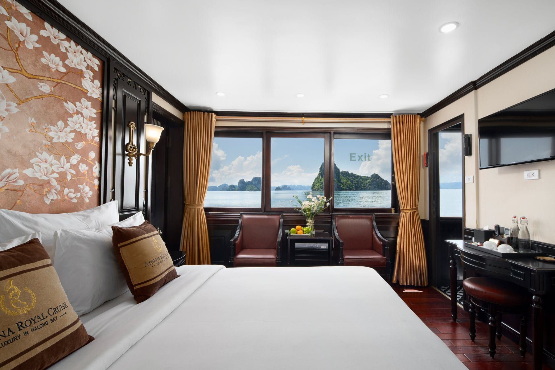 The Elegance Suite, cherry-blossom wall panel and dark timber floor
