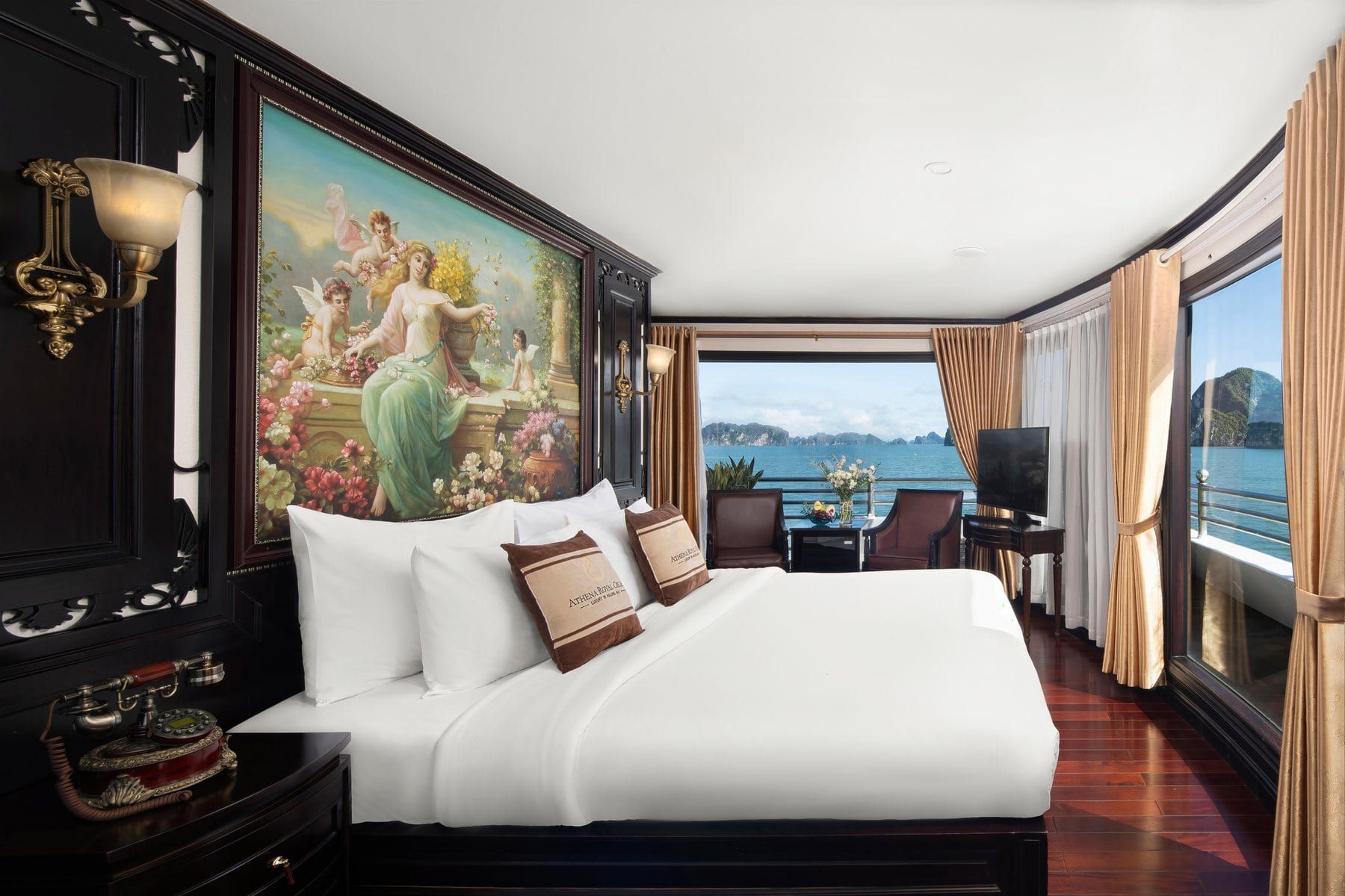 The Royal Suite seen from the window side, writing desk and armchairs