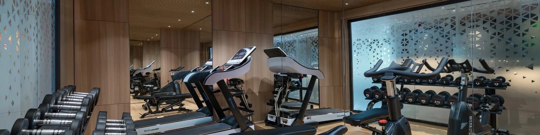 The Azura Cruise gym, treadmills and free weights along a mirrored wall