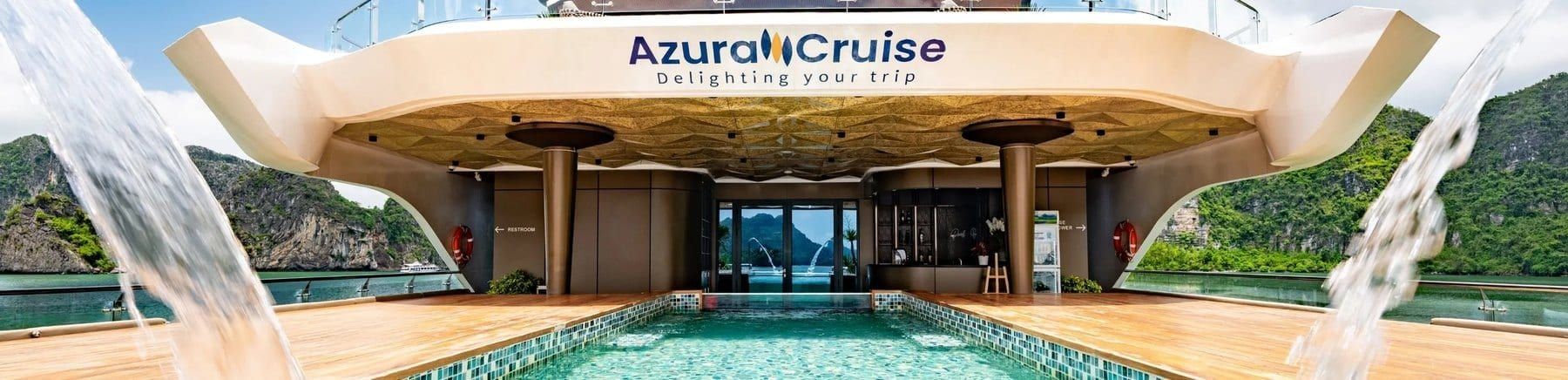 The Azura Cruise pool deck, water falling either side of the entrance