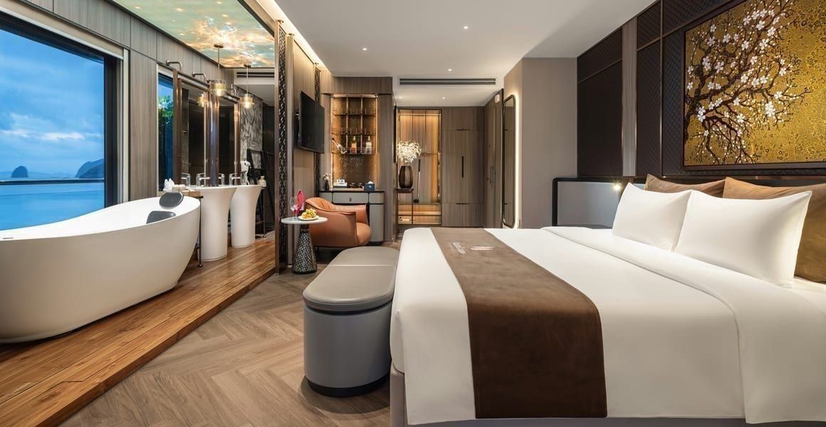 The Imperial suite on Azura Cruise, freestanding bathtub facing the bay