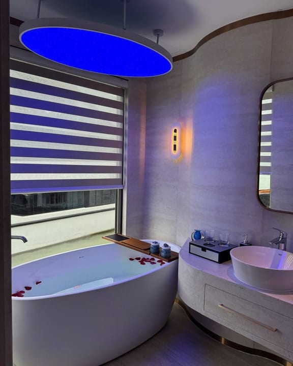 A cabin bath aboard Athena Premium lit by a blue ceiling panel