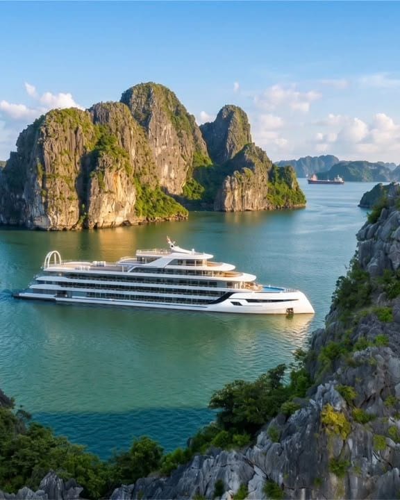Athena Premium passing between two limestone karsts in Ha Long Bay